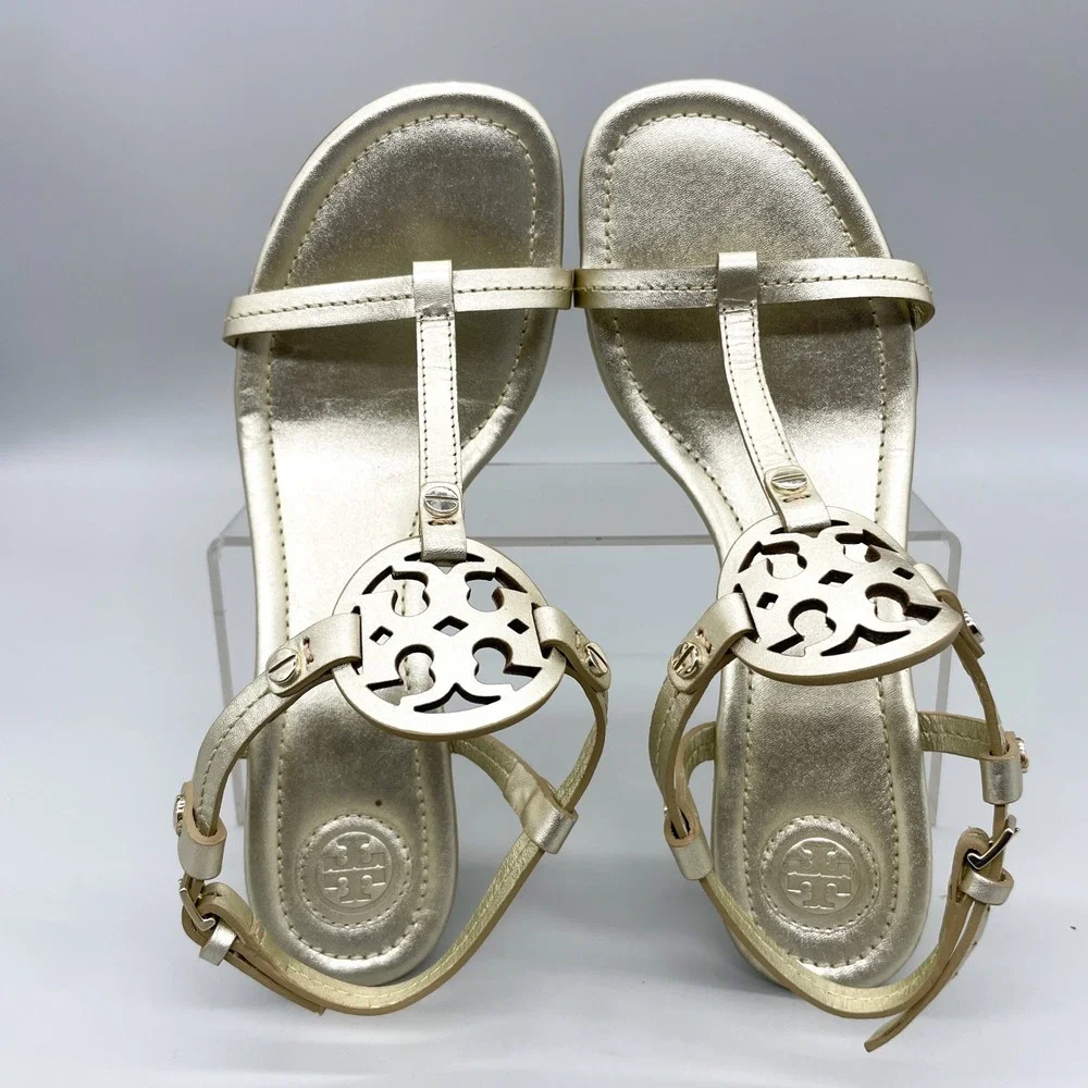Tory Burch Miller T Strap Wedge Sandals Womens 7M Metallic Gold Leather Logo